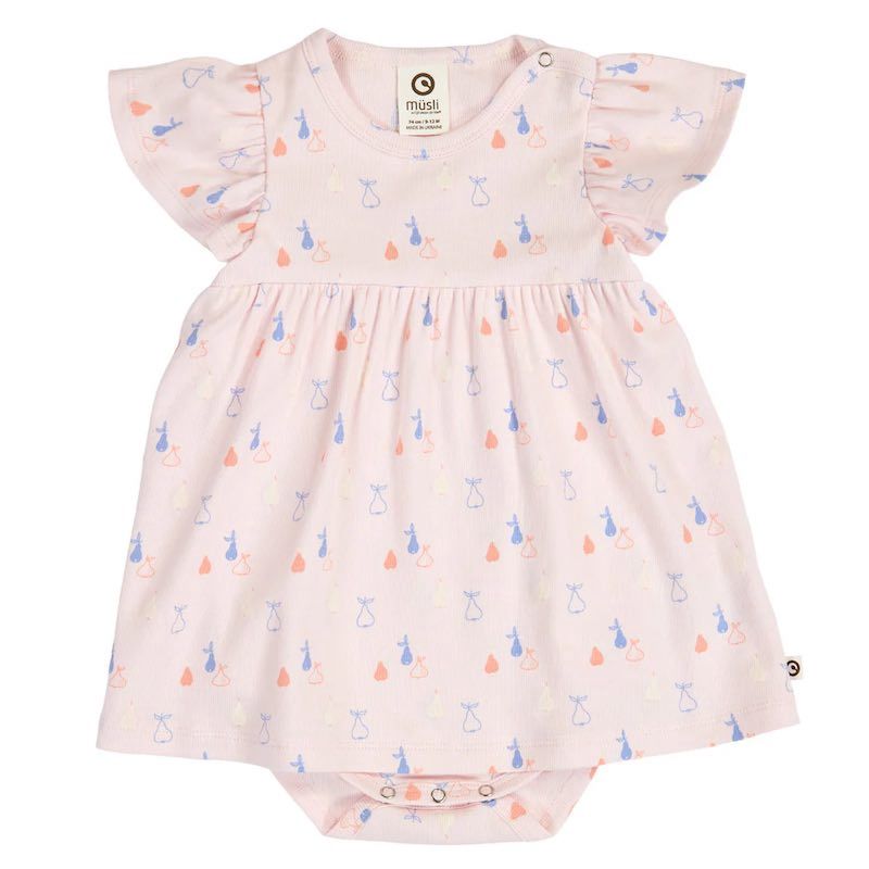 Musli jurkromper Picnic frill met print peren in de kleur primrose/shell blue/ tofu S26, Maat: 56