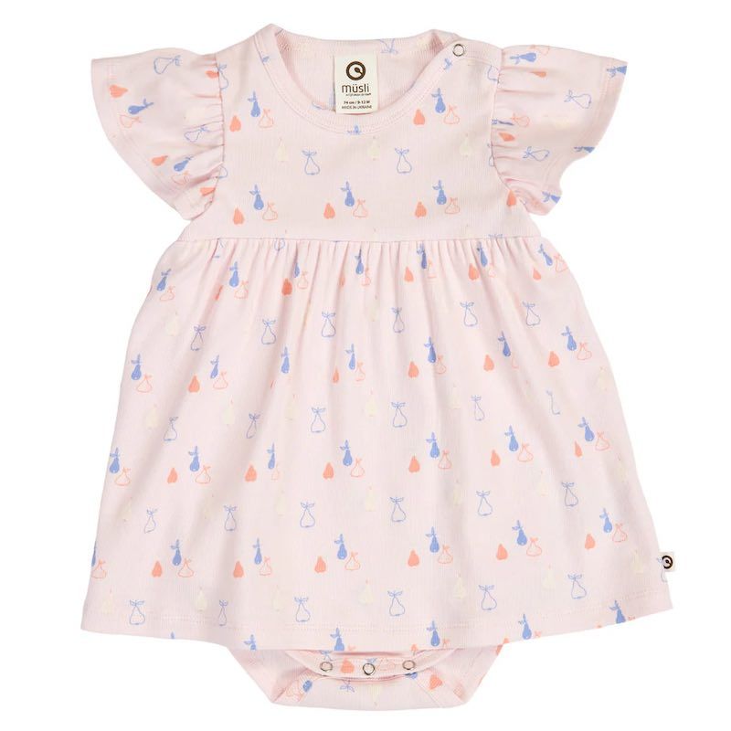 Musli jurkromper Picnic frill met print peren in de kleur primrose/shell blue/ tofu S26, Maat: 56