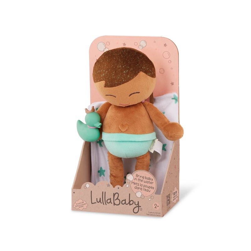 Lullababy badpop jongen bruin haar met handdoek en badeendje