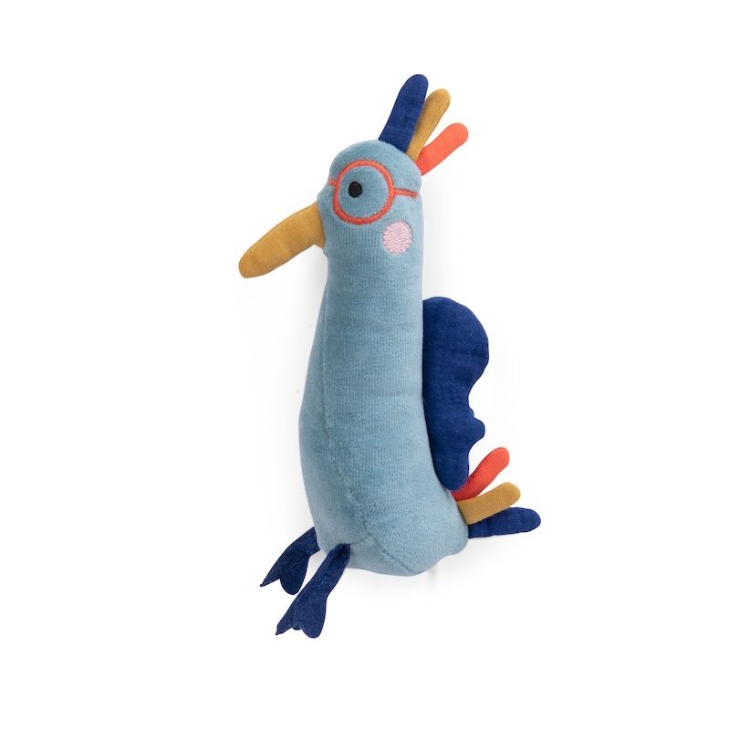 Moulin Roty rammelaar vogel met bril Les Toupitis