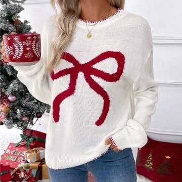 Christmas Sweer Ribbon Bow Jacquard Sweater