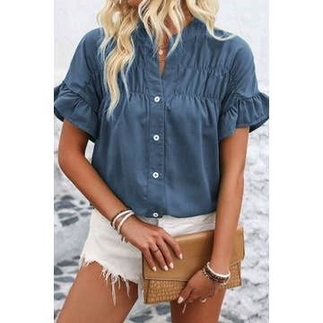 Solid Ruffle Sleeve Buttoned Shirt