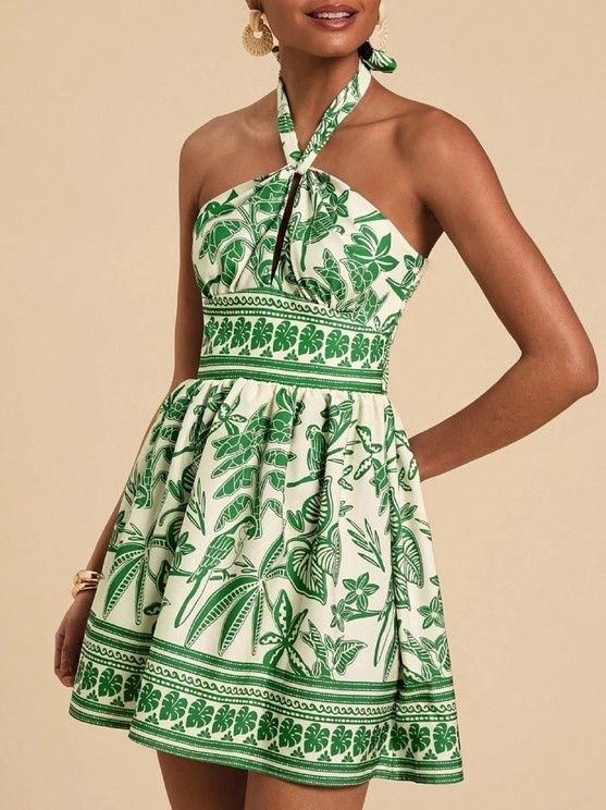 Tropical Print Halter Neck Cutout Dress