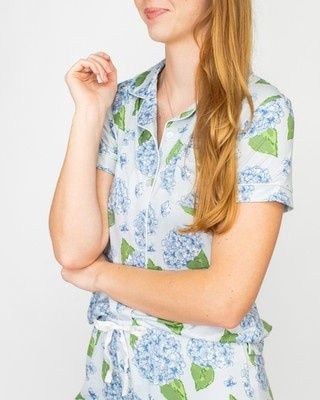 Hydrangea Short Sleeve Button Up Sleep Shirt Illusion/Blue/ Green