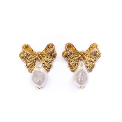 Cecilia Bow Earrings Gold/ Pearl 1.5"