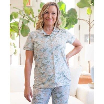 Magnolia Short Sleeve Button Up Sleep Shirt Misty Blue/Multi