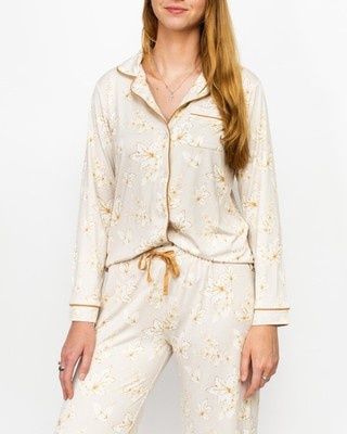Harvest Toile Long Sleeve Button Up Sleep Shirt Turtledove/ Cream