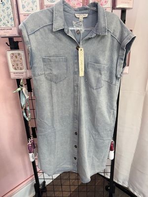 Folded Cuff Button Down Washed Twill Dress with Pockets