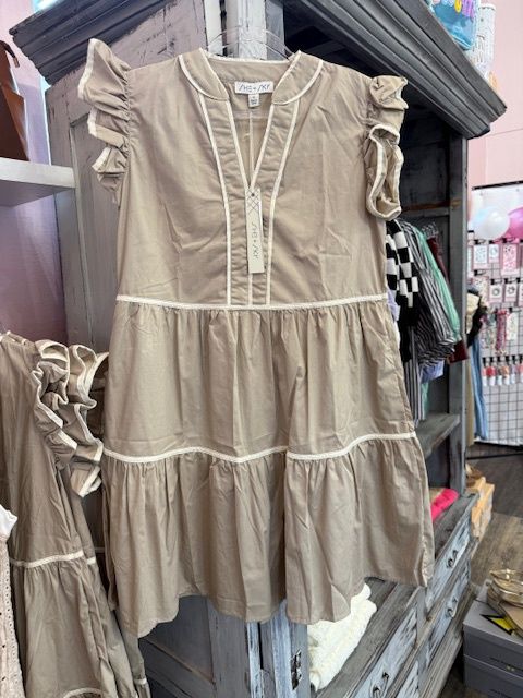Ruffle Sleeve Contrast Piping Tiered Woven Dress with Pockets