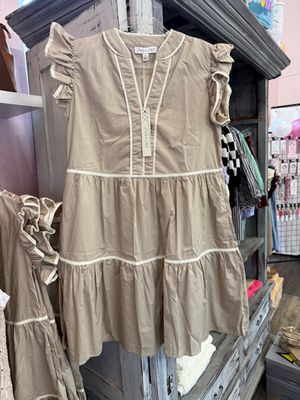 Ruffle Sleeve Contrast Piping Tiered Woven Dress with Pockets