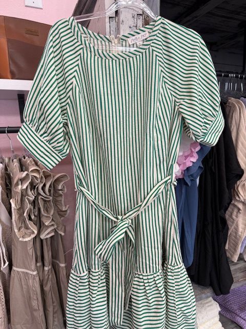 Short Sleeve Striped Woven Mini Dress with Pockets
