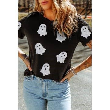Glitter Ghost Crew Neck Halloween Shirt