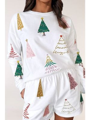 Christmas Tree Long Sleeve Top and Shorts 2pcs Lounge Set