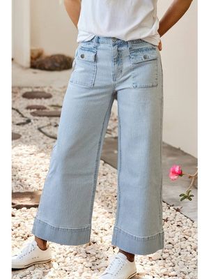 Ldc Stripe Button Flap Pocket Cuffed Hem Wide Leg Jeans