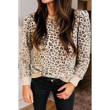 Leopard Ribbed Trim Long Sleeve Top