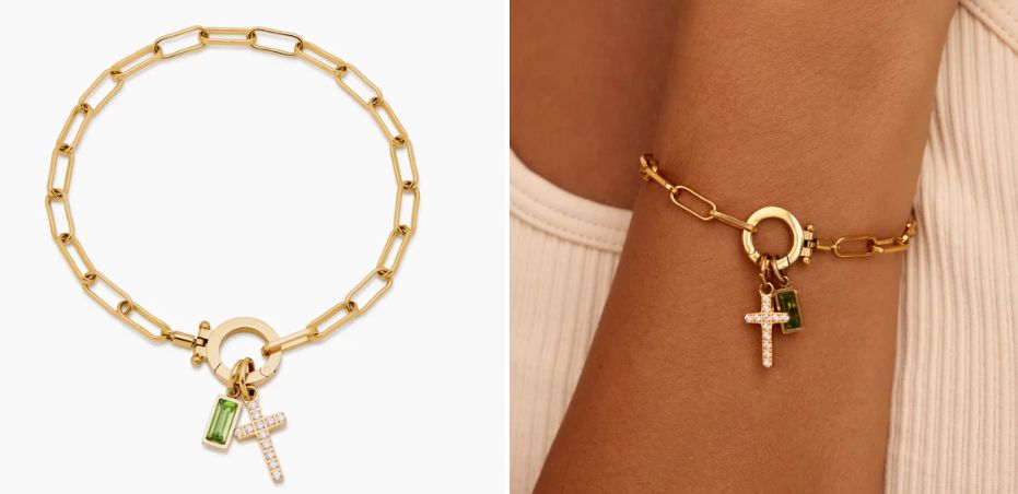 Paperclip Birthstone Cross Charm Bracelet