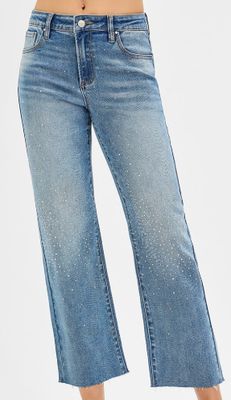 High Rise Crop Straight Rhinestone Jeans