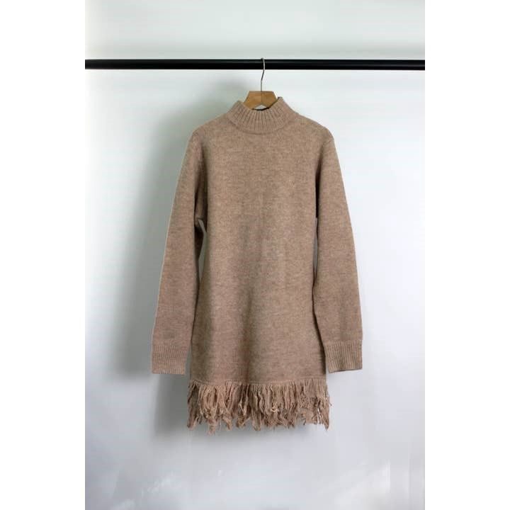 Knit Sweater Dress with Fringed Hem
