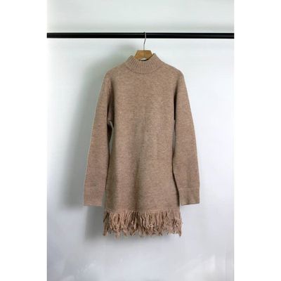 Knit Sweater Dress with Fringed Hem