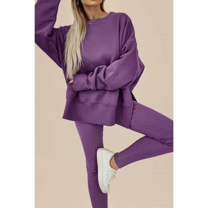 Solid Color Oversize Slit Sweatshirt and Ribbed Leggings Set