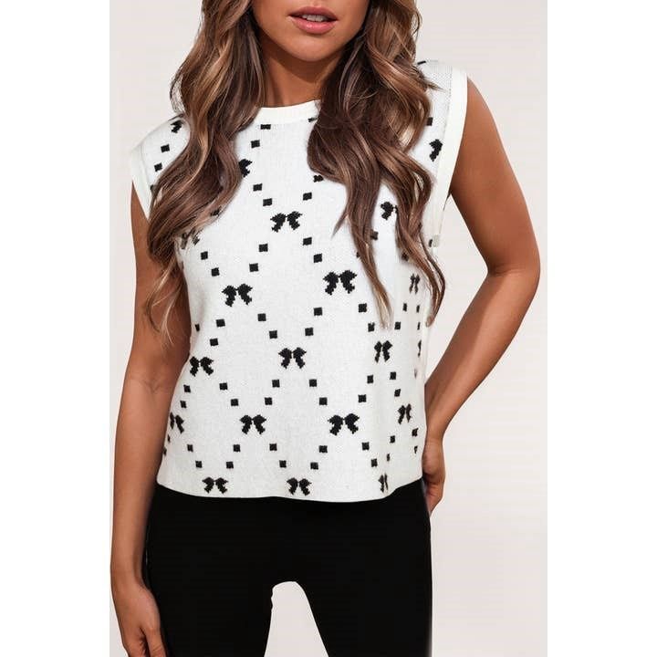 Bow Pattern Buttoned Side Cropped Sweater Vest