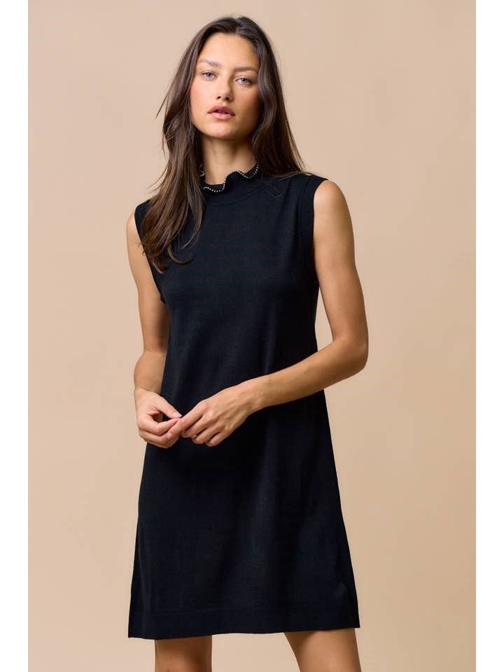Sleeveless Mock Neck Sweater Dress with Mini Pearl Collar