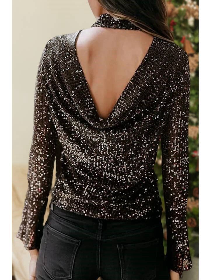 Festival Sequin Mock Neck Open Back Bell Sleeve Top