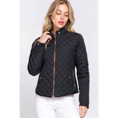 Suede Piping Detail Rib Quilted Padding Jacket