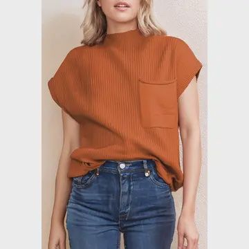 Patch Pocket Ribbed Knit Short Sleeve Sweater – Spring/Fall