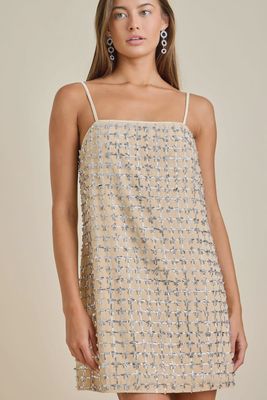 Nude Mini Dress with Silver Sequin Embellishments