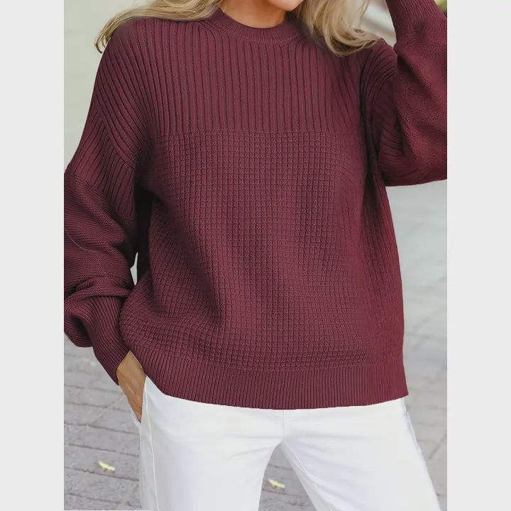 Solid Color Mixed Textured Knitted Crew Neck Sweater