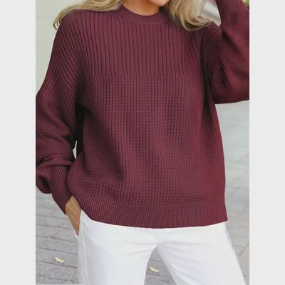 Solid Color Mixed Textured Knitted Crew Neck Sweater