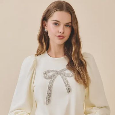 Front Crystal Embellished Bow Detail Sweatshirt