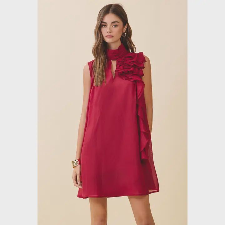 Sleeveless Mock Neck Layered Ruffle Accents Dress