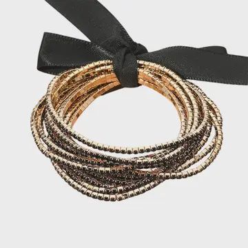 12PCS - Ribbon Slim Rhinestone Stretch Multi Layered Bracelet