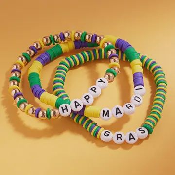 3PCS - Happy Mardi Gras Message Beaded Stretch Multi Layered Bracelets