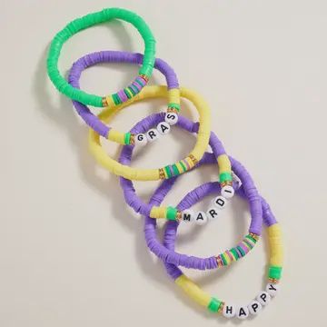 6PCS - Happy Mardi Gras Message Heishi Beaded Stretch Multi Layered Bracelets