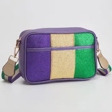 Faux Leather Mardi Gras Sparkle Front Rectangle Crossbody Ba