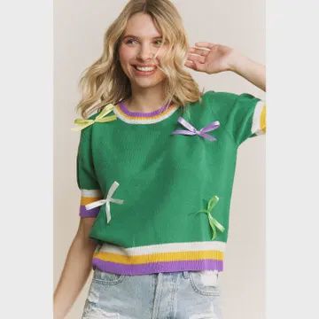 Mardi Gras Bow Short Sleeve Pullover Top