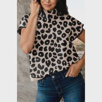 Leopard Print High Neck Short Sleeve Sweater