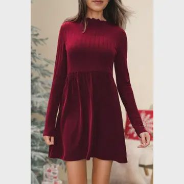 Frilled Mock Neck Ribbed Knit Long Sleeve Mini Dress