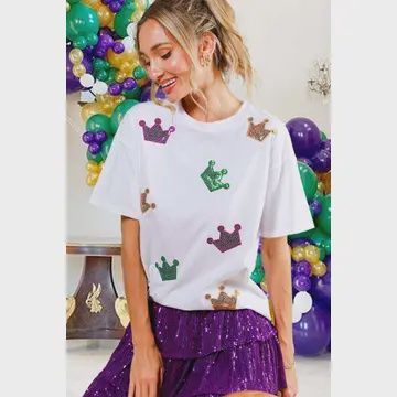 Mardi Gras Crown Sequin Patch Detail Cotton Top