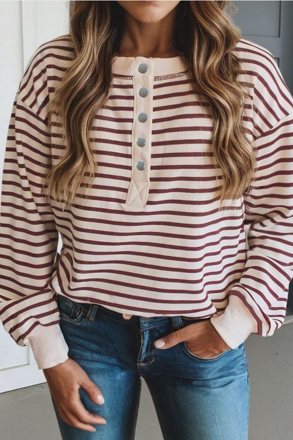 Las Striped Drop Shoulder Long Sleeve Henley Top