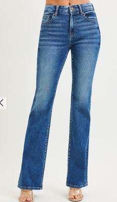 HIGH RISE BOOTCUT JEANS WITH DISTRESSED DETAILS