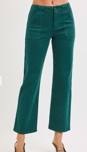 HIGH RISE ANKLE FLARE PATCH POCKET JEANS