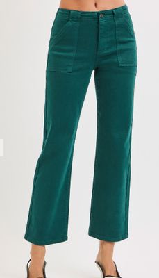 HIGH RISE ANKLE FLARE PATCH POCKET JEANS