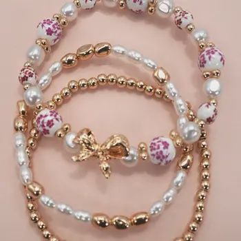 Pink Ceramic Porcelain Bow Multi Layer Bracelet