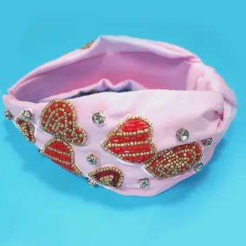 Valentine Red Heart Pink Seed Beaded Headband