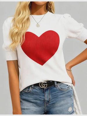 Ladies Valentine's Rib Knit Heart Short Sleeves Sweater