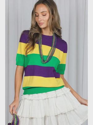 Mardi Gras Crew Neck Color Block Knitted Sweater